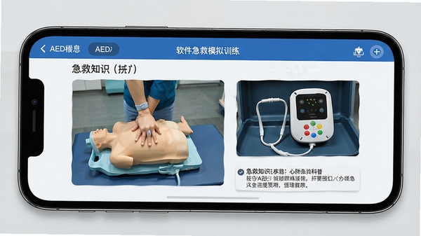 My AED软件急救模拟训练界面展示,手机屏幕显示心肺复苏操作指引与AED设备动画演示,界面简洁清晰,带有急救知识科普元素