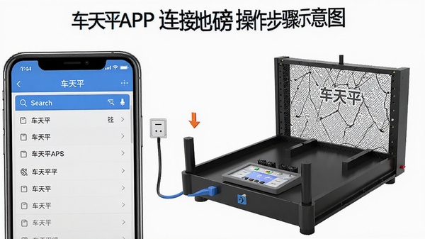 车天平APP连接地磅操作步骤示意图,手机屏幕显示蓝牙搜索列表,旁边有地磅设备实物,软件名称车天平在界面中清晰可见