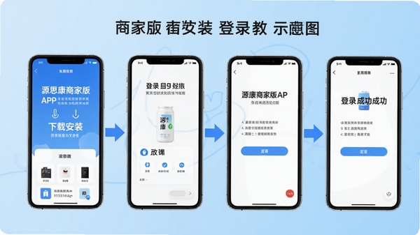 Դ˼���̼Ұ�APP��װʹ�ý̳�ʾ��ͼ���ֻ���Ļչʾ�����ذ�װ����¼�ɹ����ĸ�������棬���м�ͷָ��������Ϊǳ��ɫ����