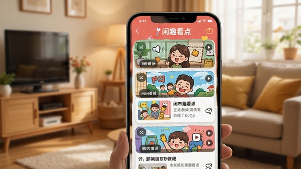 闲趣看点软件界面展示,手机上显示各种趣味短视频和资讯卡片,色彩明快,标题突出“闲趣看点”品牌标识,背景为温馨生活场景