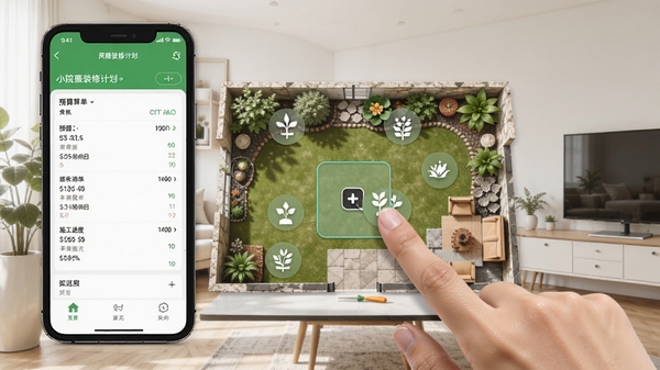 СԺװ�޼ƻ�APP���ֻ��ϲ���ͥԺ���ֱ༭���û���ָ��קֲ��ͼ�꣬��Ļ��ʾԤ���嵥��ʩ�����ȱ����������ڳ���