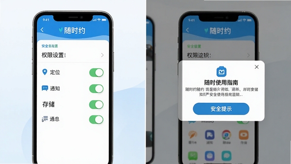 ��ʱԼAPP��ȫʹ��ָ��ʾ��ͼ��չʾ�ֻ�Ȩ������ҳ���밲ȫ��ʾ������������λ��֪ͨ���洢��Ȩ�޿��أ���������ˣ�������ʱԼƷ��Ԫ��