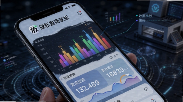 旌耘里商家版数据看板展示图,手机屏幕呈现彩色图表与营业额数字,界面带有旌耘里商家版Logo,科技感数据可视化风格
