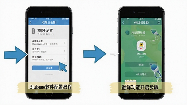 Blubee软件安装配置教程示意图,手机屏幕显示权限设置界面和翻译功能开启步骤,配有箭头指引和文字标注,背景为简洁白色,突出新手引导与操作指南主题