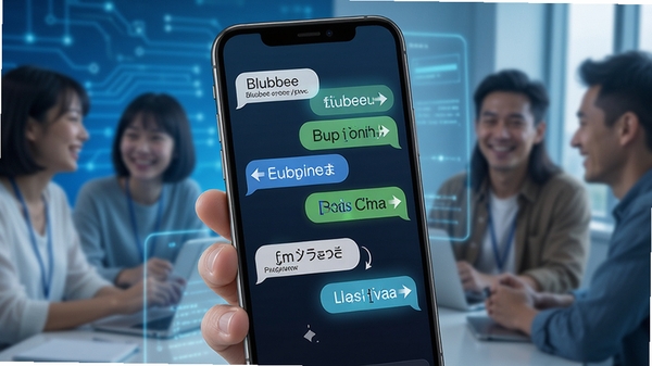 Blubee软件多语言实时翻译功能展示,手机界面显示中英日韩等多种语言对话气泡,配有翻译箭头图标,背景为科技感蓝色调,突出智能翻译与跨语言社交场景