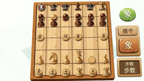 日常棋法练习象棋残局闯关界面,木质棋盘上摆放着经典残局棋子,旁边有提示按钮和步数显示,中国象棋风格,简洁明亮