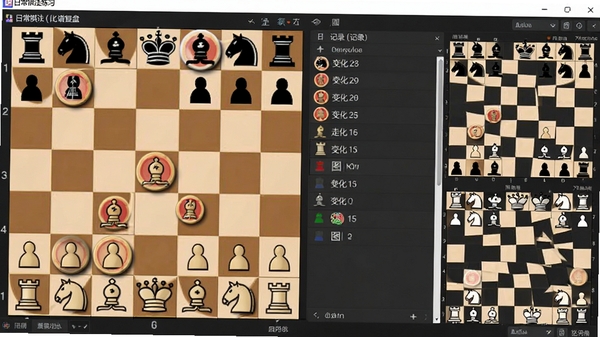 日常棋法练习象棋棋谱复盘界面,棋盘旁边有走子记录列表和变化图,用户正在拖动棋子进行推演,专业象棋分析风格