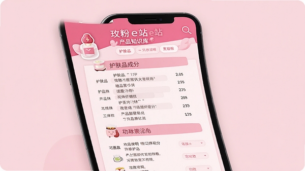 õ��eվ��Ʒ֪ʶ��ҳ�棬�ֻ���Ļչʾ����Ʒ�ɷ��б��빦Ч˵���������Ǽ�Լ�ķ�ɫϵUI��ƣ����������Ŵ�ͼ��