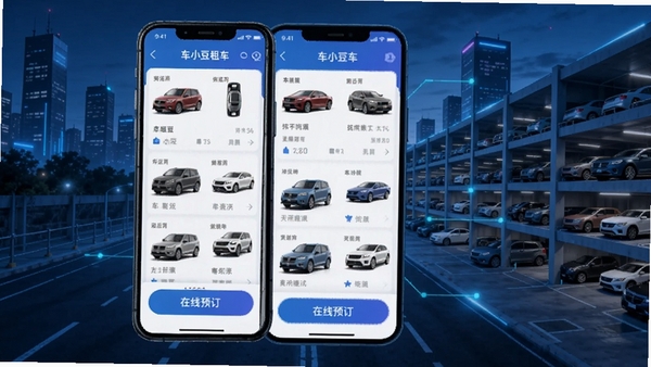 ��С���⳵APP����չʾ���ֻ���Ļ����ʾ���ֳ����б�������Ԥ����ť������Ϊ���е�·��ͣ�����������Ƽ�����ɫ��