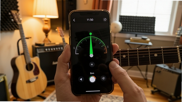չʾGuitar����У�������ֻ��ϵ�ʵ�ʲ������棬��ָ�����������ң��ֻ���Ļ��ʾ��׼ָ��ָ����ɫ���򣬱���Ϊ��ܰ����ϰ�һ���