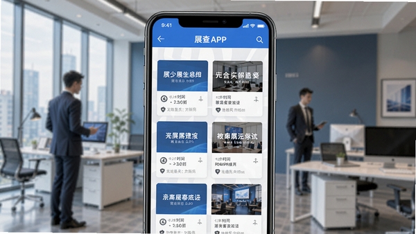 չ���APP�����ͼ��չʾչ���б���ɸѡ���ܣ��ֻ���Ļ�г��ֶ��չ�ῨƬ������չ�����ơ�ʱ�䡢�ص���Ϣ���������ִ�����ɫ��ɫ��������Ϊ����칫����