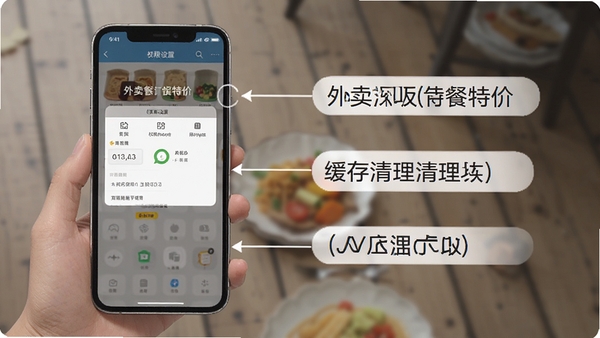 外卖订餐特价移动端使用教程示意图,手机屏幕显示权限设置与缓存清理界面,旁边配有简洁的文字标注