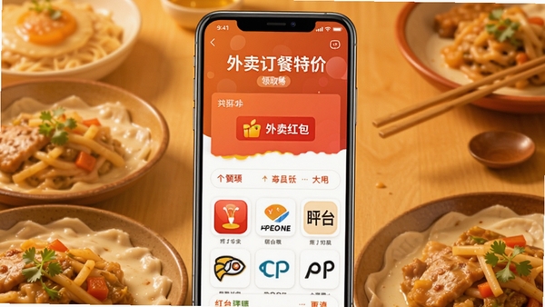 外卖订餐特价软件界面展示,手机屏幕中显示外卖红包领取页面,多个平台图标整齐排列,背景为暖色调美食元素,突出省钱主题
