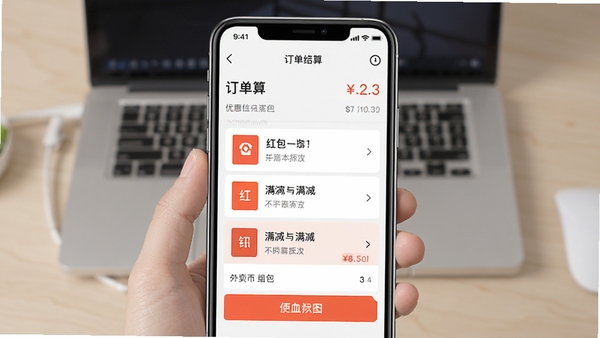 外卖订餐特价红包叠加使用示意图,手机界面显示订单结算页,优惠明细中红包与满减同时抵扣,画面简洁清晰