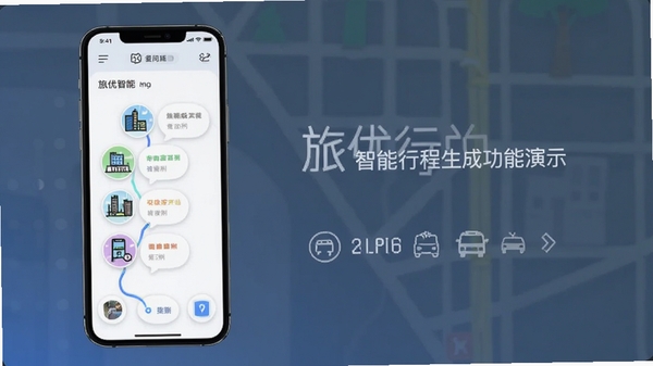 旅优智能行程生成功能演示图,手机界面显示自动生成的旅行路线时间轴,包含景点图标与交通方式标注,风格简洁现代