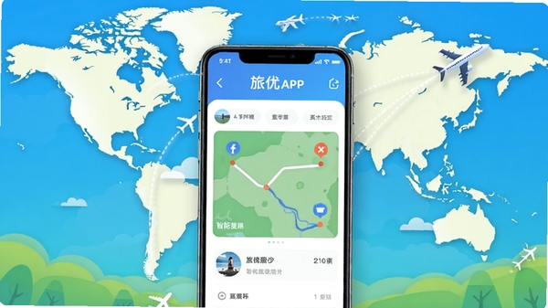 旅优APP官方宣传图,展示手机屏幕上的旅行路线规划界面,背景为世界地图与飞机航线元素,色彩明亮清新,突出智能旅行助手定位