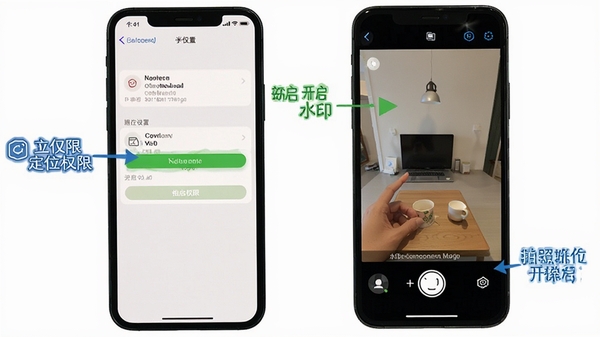 水印定位拍照相机使用教程示意图,手机屏幕显示权限设置界面和拍照操作步骤,画面清晰标注定位权限和相机权限开启位置