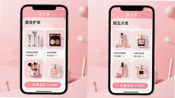 ���弾APP��ҳչʾ������ױ������Ʒ�������Żݻ���棬���·�ɫϵUI��ƣ��ֻ���Ļ�г��ֻ���Ʒ����ױ����ˮ����Ʒ��Ƭ������Ϊ��ͽ���ɫ��ͻ���������ֶ�λ