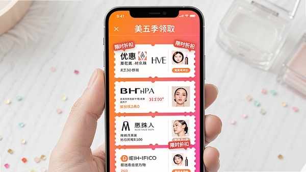 ���弾APP�Ż�ȯ��ȡҳ�棬�ֻ���Ļ����ʾ������ױƷ���Ż�ȯ����ʱ�ۿ۱�ǩ������Ϊ������ɫ���ɫ���䣬ͻ��ʡǮ�����Χ