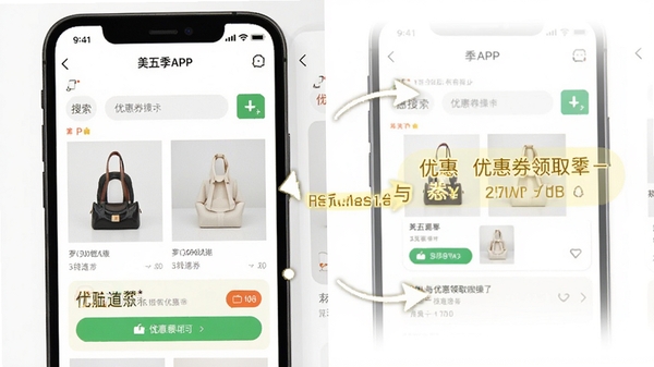 ���弾APP���ֻ��ϵ�ʹ�ý����ͼ��չʾ��Ʒ�������Ż�ȯ��ȡ�������裬��Ļ�д��м�ͷָ�������ֱ�ע������Ϊ��Լ��ɫ��ͻ���̸̳�