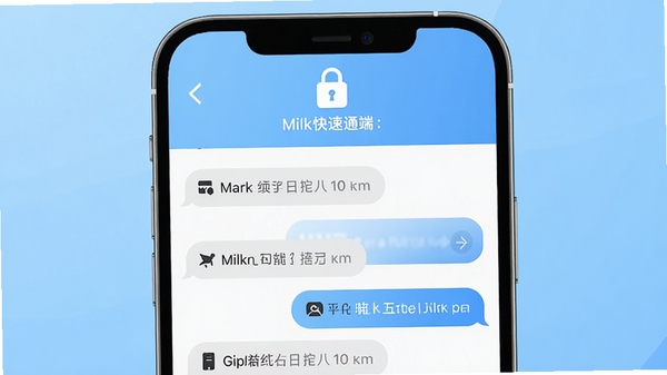 Milk传讯手机端聊天界面展示,简洁气泡对话列表,顶部显示加密锁图标,背景为浅蓝色渐变,突出安全快速通讯主题