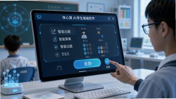 珠心算Ai学生端软件界面展示,智能出题与答题交互场景,科技感与教育氛围融合