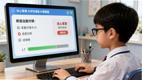 珠心算Ai学生端AI智能出题界面,学生专注答题,屏幕显示即时对错反馈与进度条