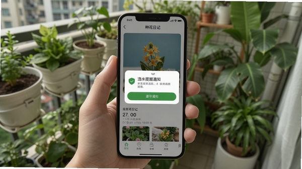 种花日记APP移动端操作界面截图,展示浇水提醒通知弹窗和植物照片记录页面,手机握持在手中,背景是绿植环绕的阳台环境