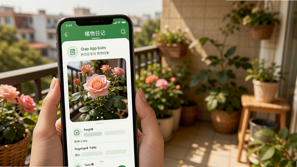 种花日记APP植物档案创建界面,用户正在为阳台上的月季花拍照并填写品种信息,手机屏幕显示绿色主题的档案卡片,背景是温馨的阳台花园场景