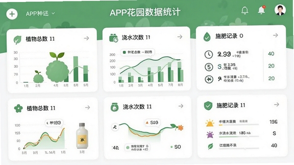 种花日记APP花园数据统计页面,显示各种图表和数字,包括植物总数、浇水次数、施肥记录等,界面清爽直观