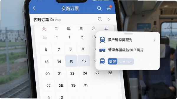 铁路火车实时订票APP行程管理页面,显示日历视图与车次提醒弹窗,界面简洁易用