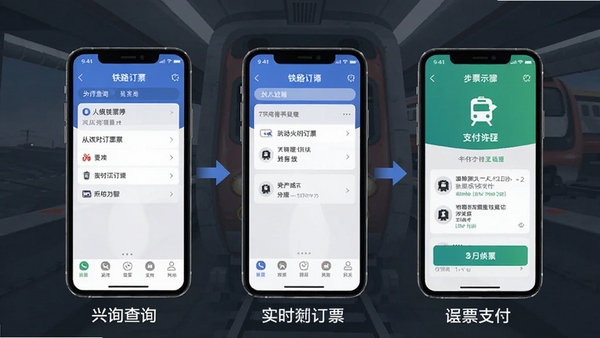铁路火车实时订票APP订票流程示意图,展示从查询到支付成功的步骤分解,手机界面标注清晰
