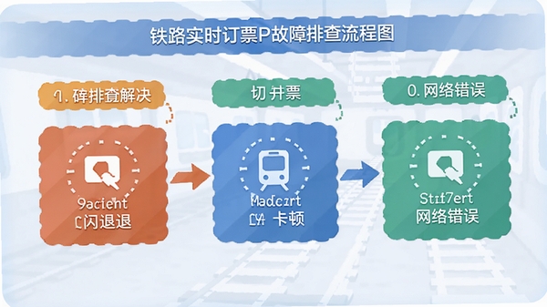 铁路火车实时订票APP故障排查流程图,展示闪退、卡顿、网络错误对应的解决步骤,信息图表风格