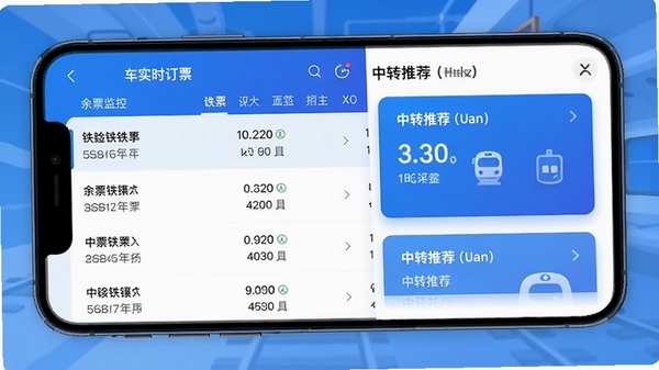 铁路火车实时订票APP界面截图,展示余票监控列表与中转推荐卡片,手机屏幕显示清晰车次信息,科技感蓝色调