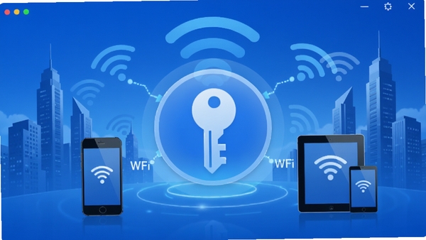 WiFi����Կ��ͨ����������չʾ��������ɫ����ƣ�������һ����Ŀ��Կ��ͼ�꣬��Χ�������ֻ���ƽ����豸����WiFi��ʾ��ͼ�������ǳ��и�¥�������źŲ��ƣ��������ִ��Ƽ���ǿ