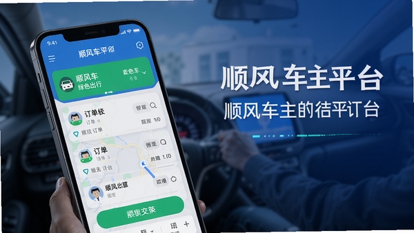 顺风车主平台APP官方宣传图,展示手机界面中顺风车订单列表与导航地图,科技感蓝色调,突出绿色出行与车主接单场景,画面简洁现代,包含软件名称顺风车主平台
