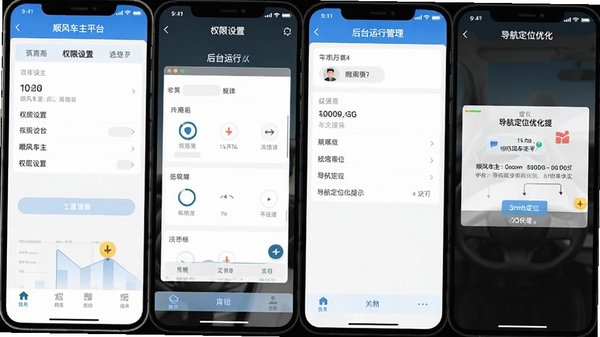 顺风车主平台APP移动端操作界面截图,展示权限设置页面、后台运行管理界面和导航定位优化提示,手机屏幕展示,包含软件名称顺风车主平台