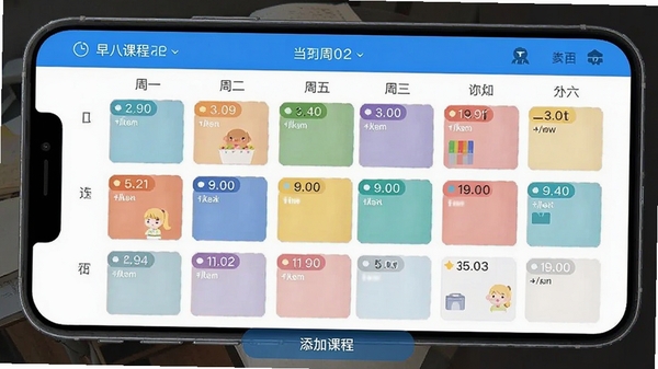 早八课程表APP主界面截图,清新蓝白配色,手机屏幕显示一周课程网格布局,每门课程用不同颜色标签区分,顶部显示当前周数,底部有添加课程按钮