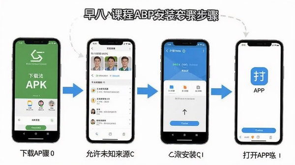 早八课程表APP安装步骤示意图,展示从下载APK到允许未知来源、点击安装、打开APP的完整流程,配以手机操作截图和箭头指引