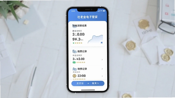 社保养老金电子管家功能界面展示,手机屏幕中显示养老金测算结果与缴费记录列表,简洁清晰的UI设计,蓝色主色调,现代扁平化风格