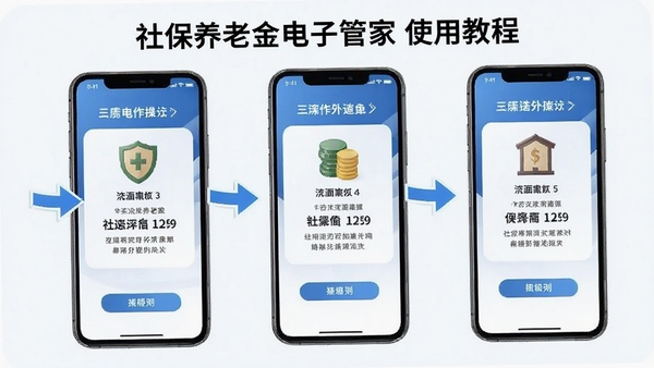 社保养老金电子管家使用教程示意图,手机屏幕显示操作步骤,配有箭头指引和文字说明,简洁明了的教学风格