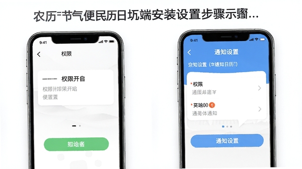 农历节气便民日历手机端安装设置步骤示意图,展示权限开启和通知设置界面