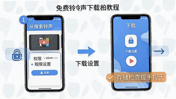 免费铃声下载软件使用教程示意图,手机屏幕展示从搜索铃声到下载设置的完整流程,步骤清晰标注,包含权限设置和存储检查提示,风格简洁直观
