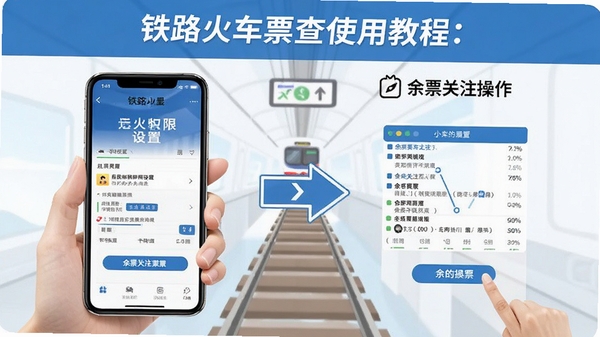 铁路火车票查使用教程示意图,展示手机权限设置和余票关注操作步骤,画面清晰直观