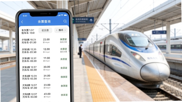 铁路火车票查软件界面展示列车时刻查询与余票监控功能,手机屏幕中显示车次列表和换乘方案,背景为高铁站台与列车,整体风格简洁明亮