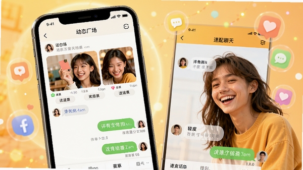 嗯来吧APP社交聊天界面展示,手机屏幕中显示动态广场和速配聊天页面,明亮温暖的配色风格,年轻用户正在愉快地发送消息,背景有柔和的光晕和社交图标元素,整体氛围轻松活泼