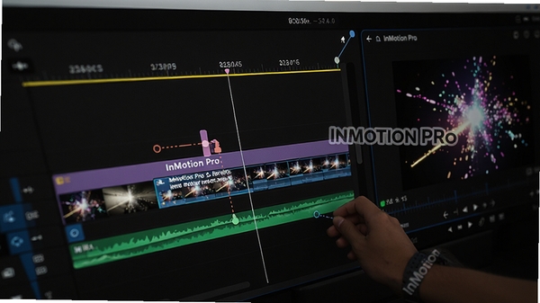 InMotion Pro 视频编辑界面特写,展示多轨道时间线上排列着视频、文字和特效图层,用户正在拖动关键帧控制点,预览窗口显示绚丽的粒子光效,画面带有 InMotion Pro 水印标识,突出专业特效编辑功能
