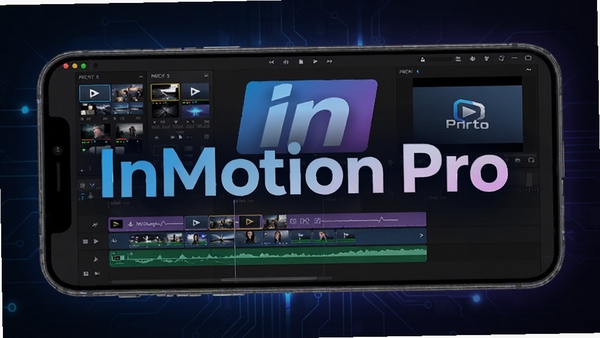 InMotion Pro 视频编辑软件主界面展示,手机屏幕上显示多轨道时间线、特效面板和预览窗口,背景为深色科技风格,突出专业视频剪辑氛围,画面中央醒目展示 InMotion Pro 软件Logo,整体色调以蓝紫渐变为主,高清渲染,适合软件下载站头图