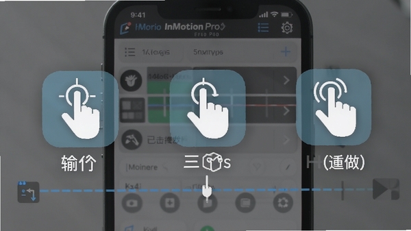 InMotion Pro 移动端操作手势示意图,展示双指点击撤销、三指点击重做、双指缩放时间线等手势图标,背景为手机屏幕截图,带有 InMotion Pro 界面元素,风格简洁直观,适合教程配图