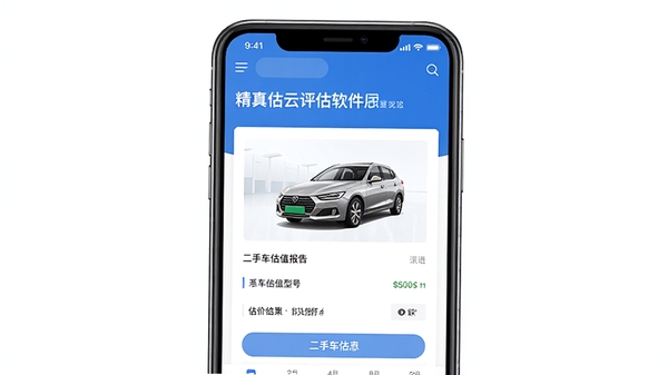 精真估云评估软件界面展示,二手车估值报告页面,手机屏幕中显示车辆品牌型号与估价结果,简洁商务风格,蓝白配色,高清UI截图效果